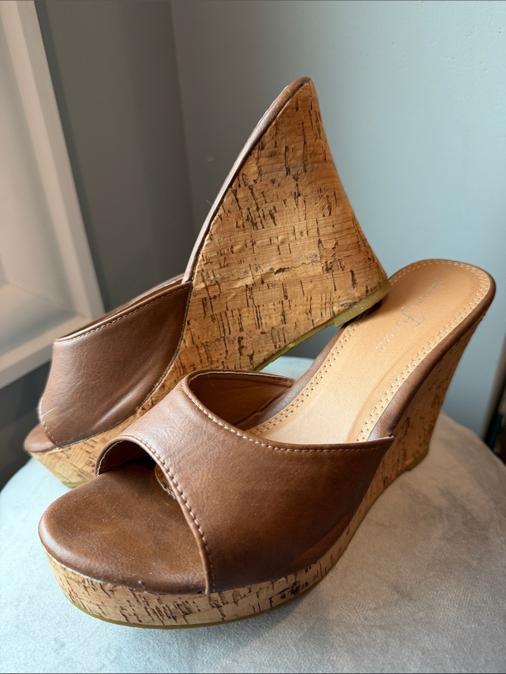 Fashion Focus Tan Wedge Slide Mules